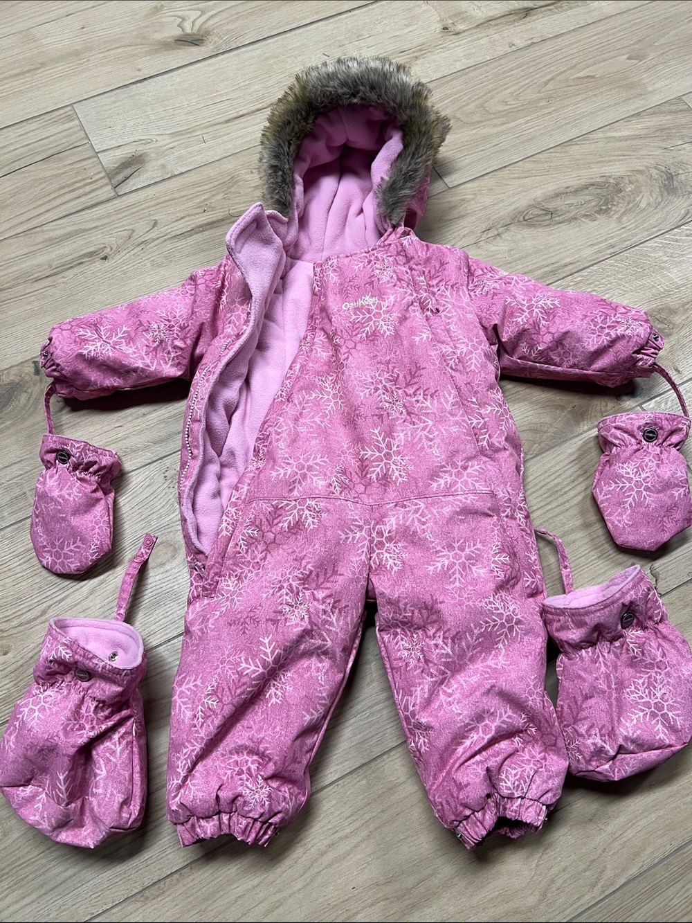 OshKosh B'gosh Pink Snowflake One-Piece Snowsuit with Faux-Fur Hood